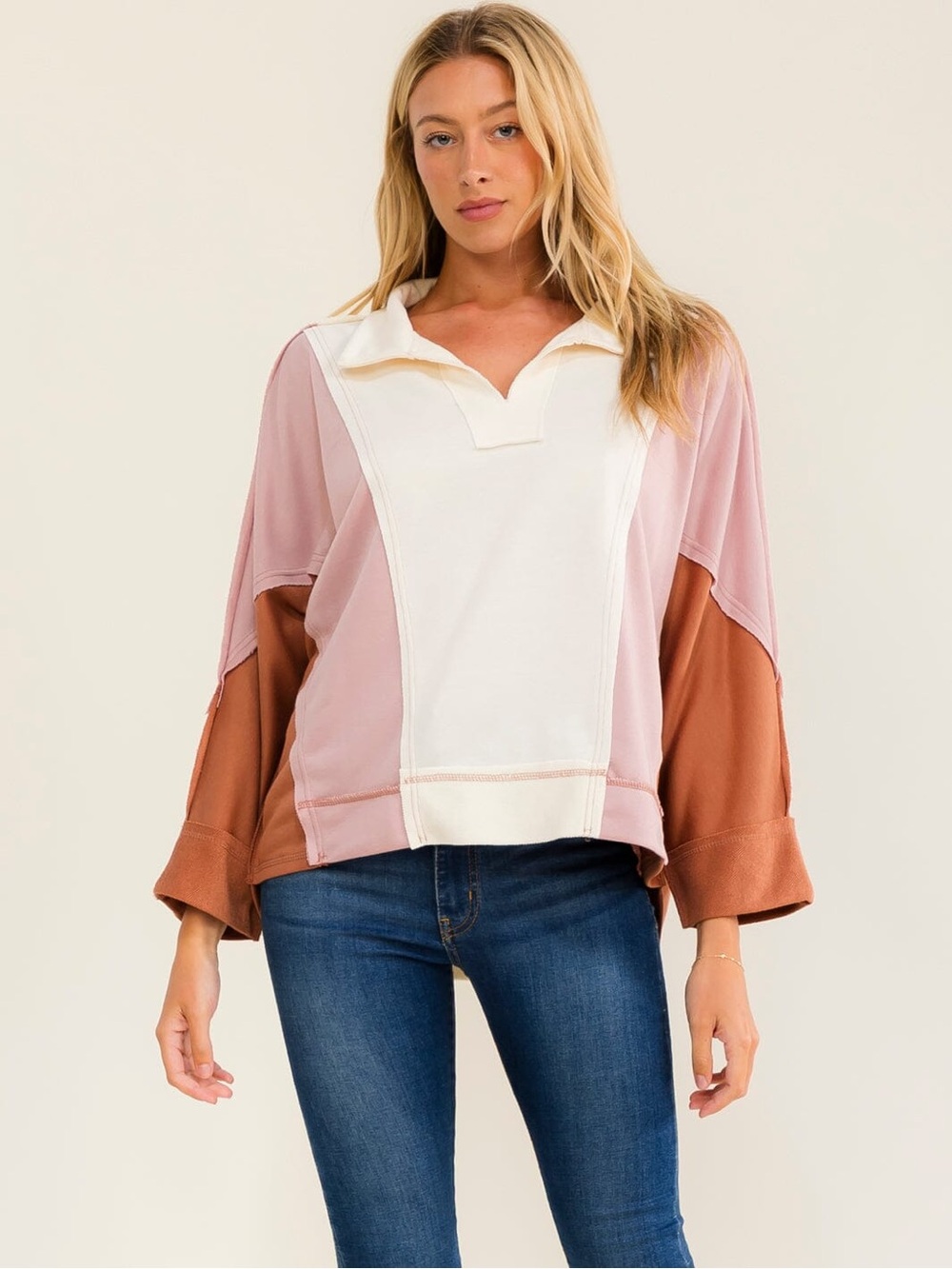 Three-Tone V-Neck Pullover in Blush, Cream & Rust